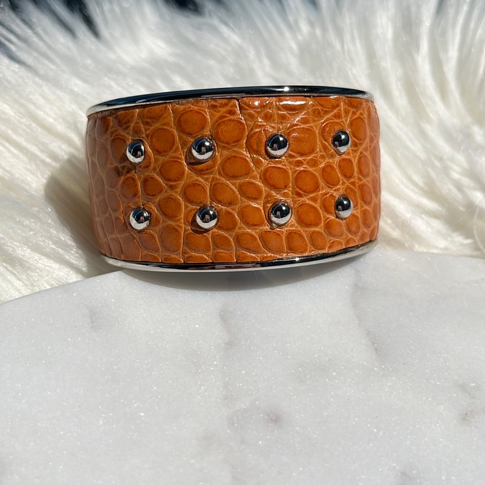 Authentic Tod’s Orange Brown Leather With Silver Studded Metal Cuff Bracelet